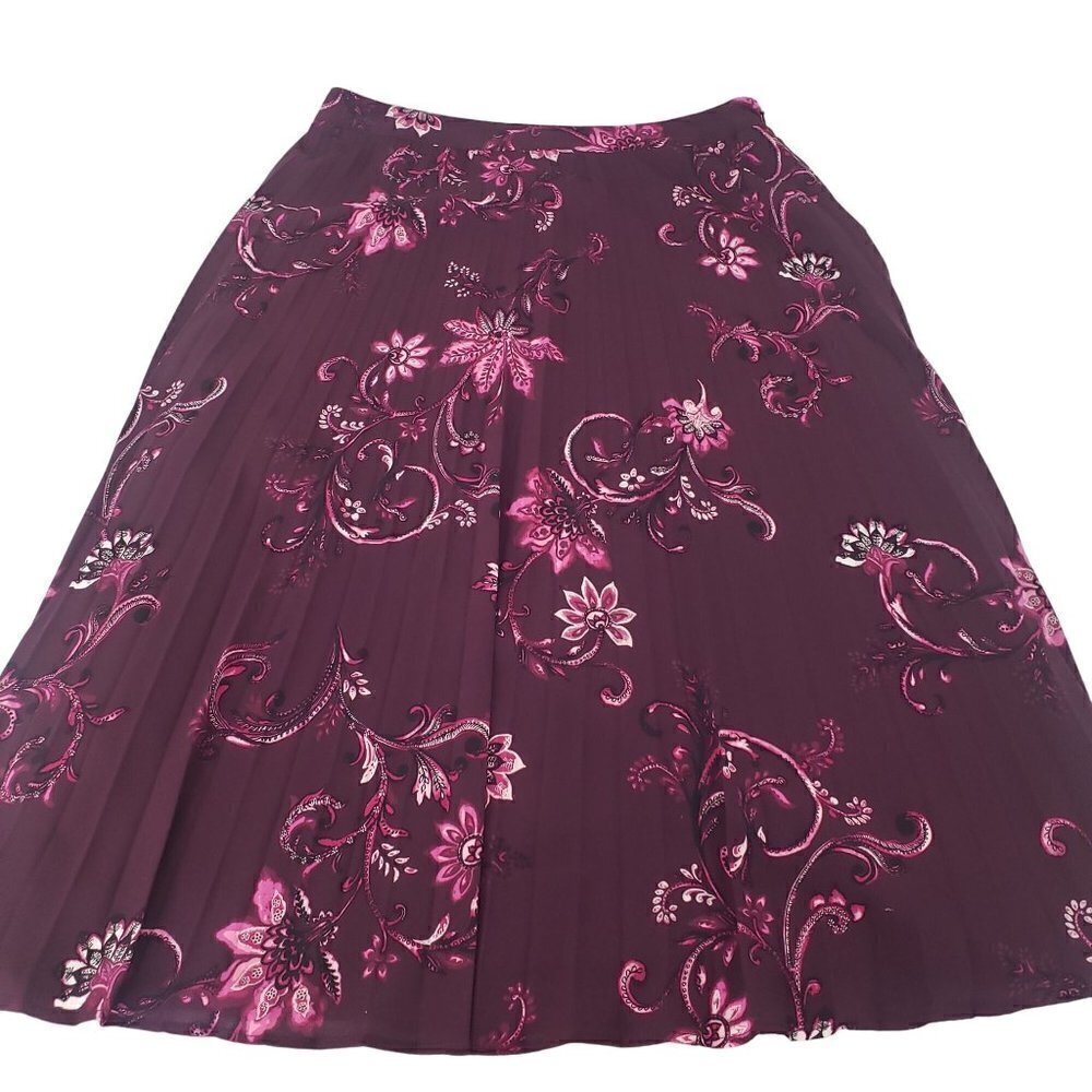 Chicos 1.5 Floral Midi Skirt Purple Stretch Lined Pleated Womens 10